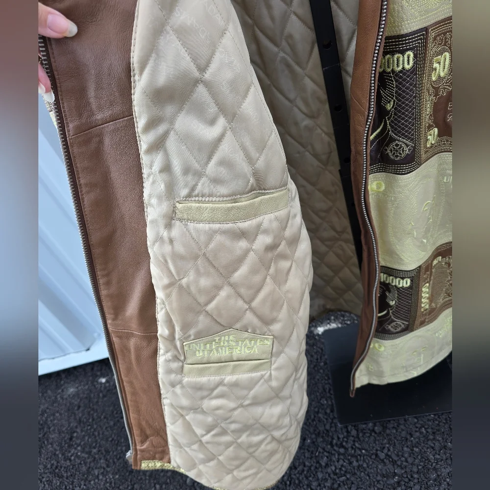 Insane LEATHER money Pattern Mens Coat Jacket Oversized Hip Hop 90s Y2k Size 4XL